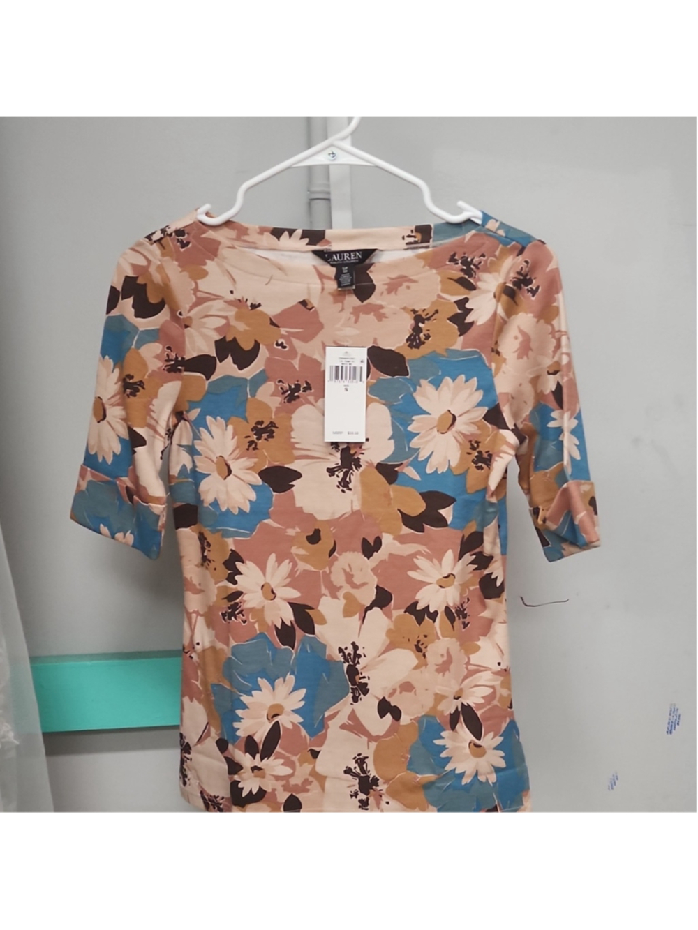 Lauren Ralph Lauren Floral Knit Blouse Boat Neck Short Sleeve Cotton Spandex S